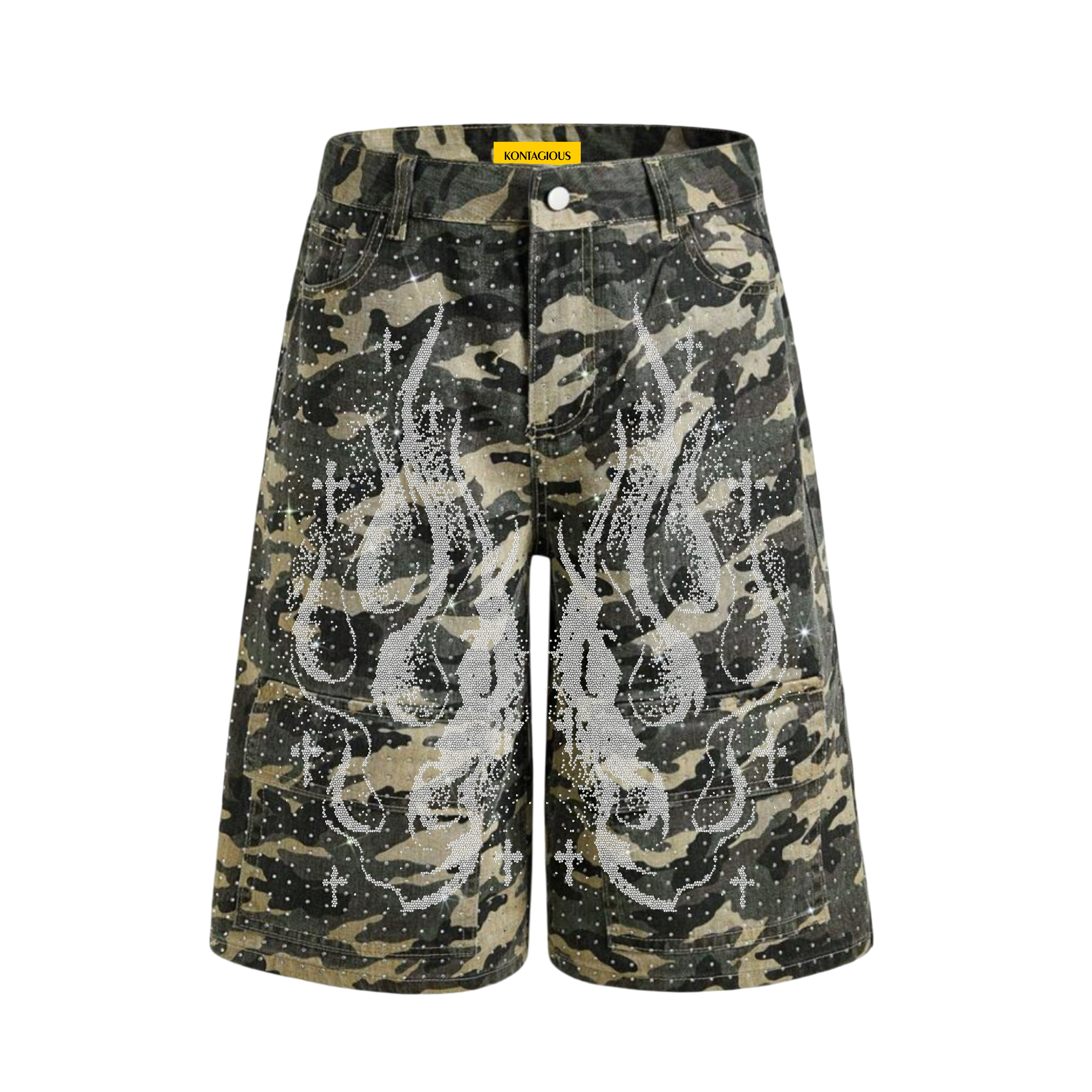 RHINESTONE CAMO JORTS – Kontagious Shop