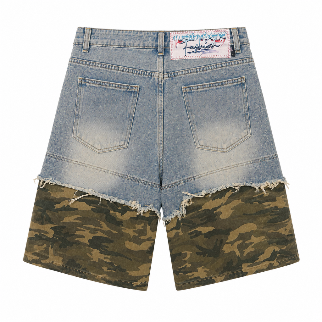 Split Camo Denim Shorts