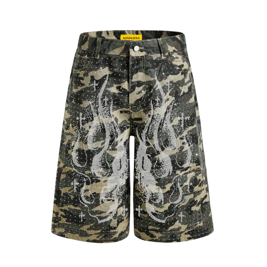 RHINESTONE CAMO JORTS